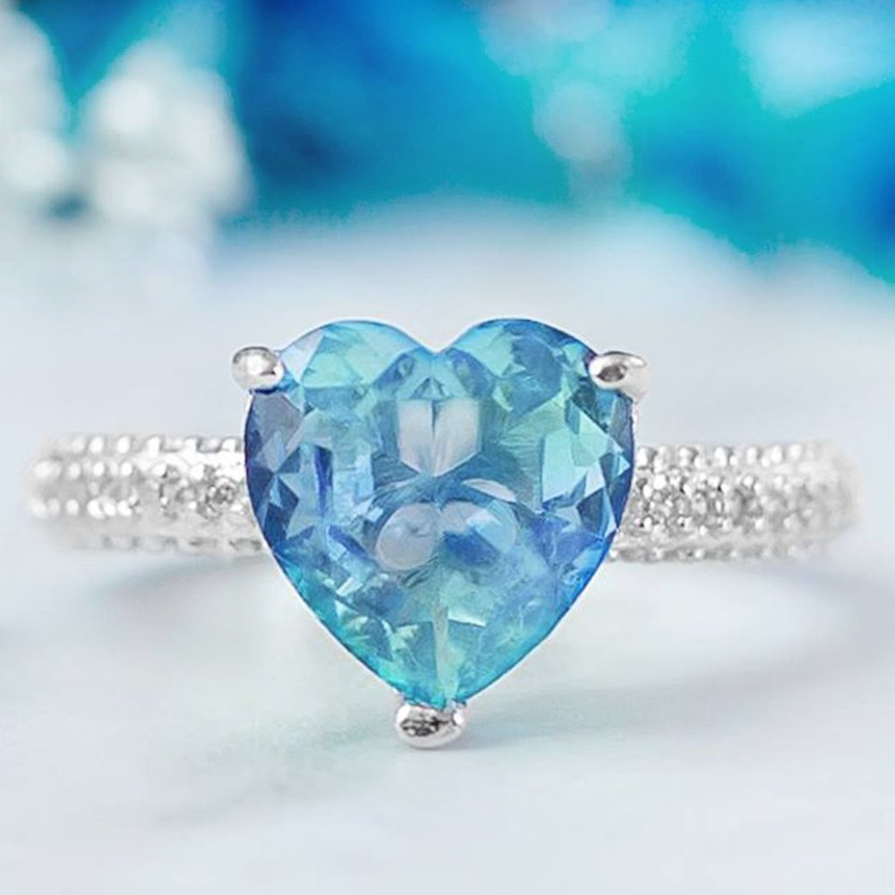 Blue and Teal tourmaline Heart stone ring, 925 Sterling Silver Charmed Aroma BP